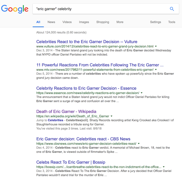 Results for Google search on 'eric garner' and 'celebrity.'